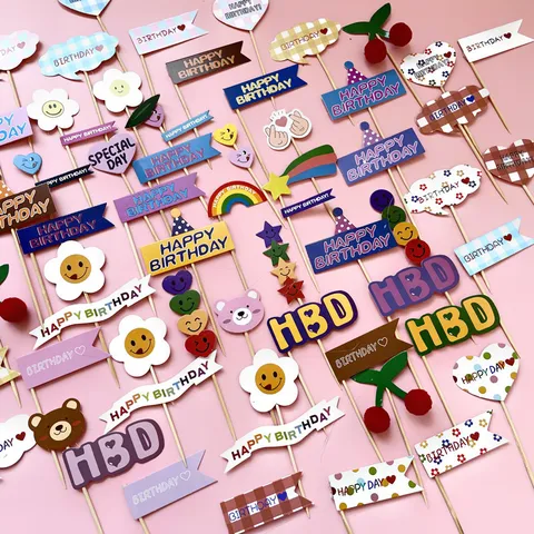 Ins Style Bear Flower Cherry Birthday Cake Toppers Acrylic Paper Cake Picks Korean Mori Party Dessert Table Decor Accessories
