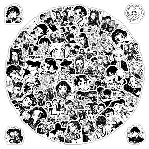 Black And White Cartoon Anime Girls Theme Stickers Waterproof PVC Decals For Phone Case Notebook Skateboard Decoration