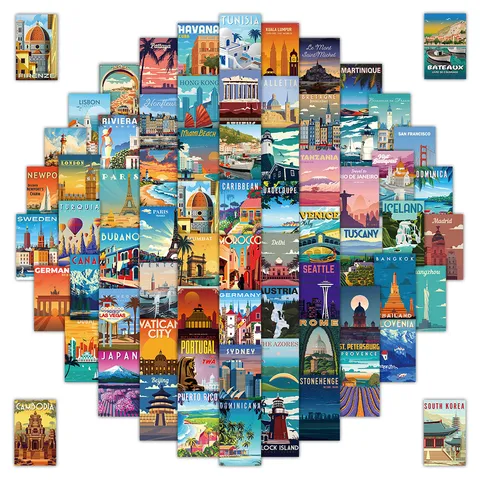 Retro Travel Scenery Landmark Poster Stickers Set Waterproof Decorative Journaling Stickers For Laptop Scrapbook