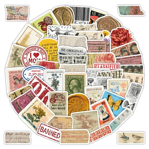 Retro Vintage Stamp Stickers Botanical Floral Journal Water Cup Suitcase Decorative Stickers Aesthetic Stationery