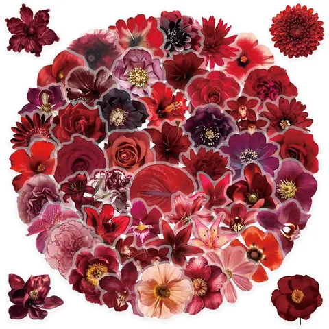 Red Floral Stickers Waterproof Vinyl Decals Aesthetic Cute Plant Flower Decorative Stickers For Journal Scrapbook Laptop