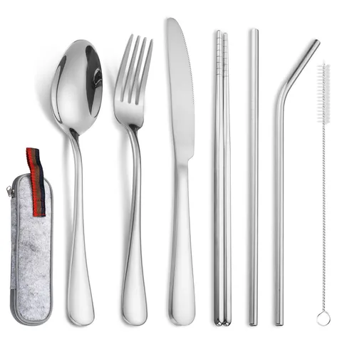 Portable Stainless Steel Cutlery Set Knife Fork Spoon Chopsticks Straws With Pouch Travel Camping Reusable Tableware
