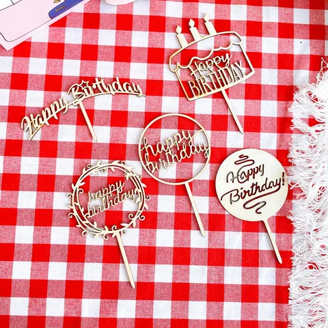 Holz Acryl Geburtstag Tortenaufsatz Laser Graviert Happy Birthday Buchstaben Hohl Dekoration Für Geburtstagsfeier Bäckerei Zubehör