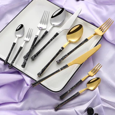 Stainless Steel Western Tableware Set Mirror Polished Dinner Knife Fork Spoon Teaspoon Wood Grain Marble Grain Kitchen Flatware
