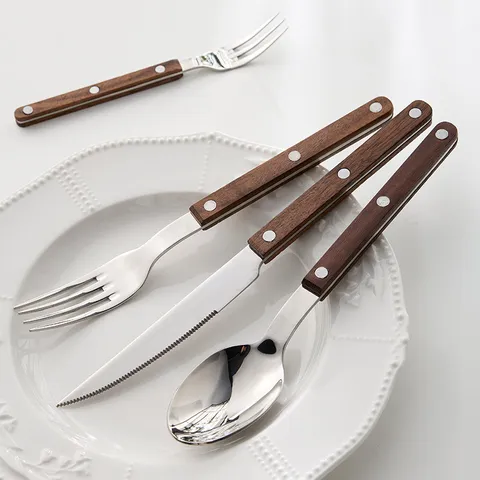 French Retro Stainless Steel Tableware Fork Spoon Knife with ABS Wood Grain Handle Western Steak Knife Cutlery