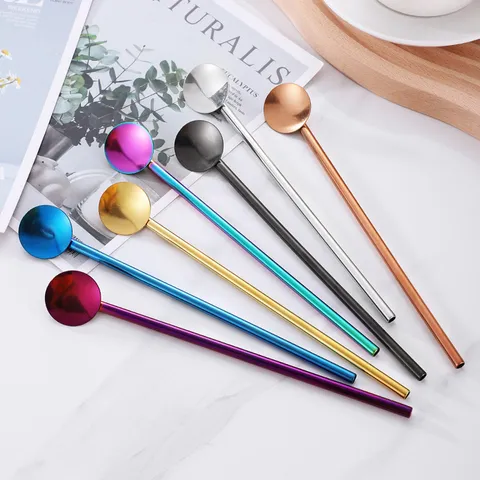 Stainless Steel Straw Spoon 2 In 1 Metal Drinking Straws Reusable Long Stirring Spoons For Bar Party Kitchen Drinkware