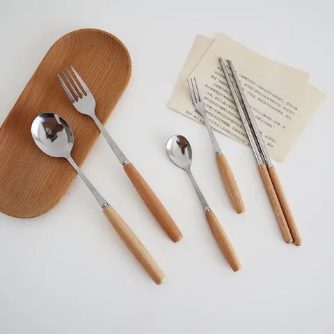 Stainless Steel Flatware Set Japanese Minimalist Wooden Handle Tableware Dinner Knife Fork Spoon Kitchen Cutlery