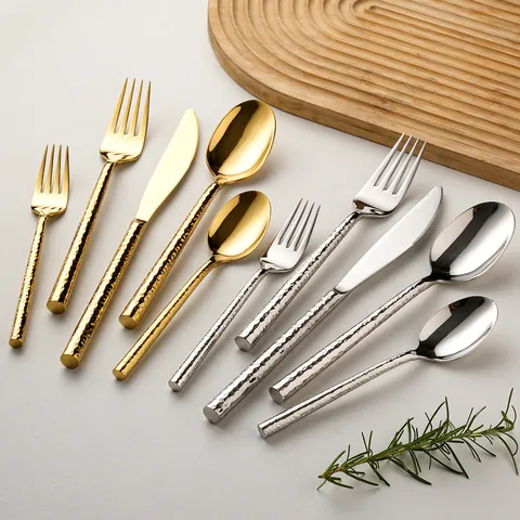 304 Stainless Steel Hammered Western Tableware Dinner Knife Fork Spoon Golden Silver Luxury Dining Utensils