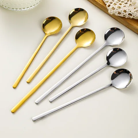 Long Handle Stainless Steel Spoon Gold Silver Coffee Spoon Dessert Stirring Spoon Mirror Polished Kitchen Tableware