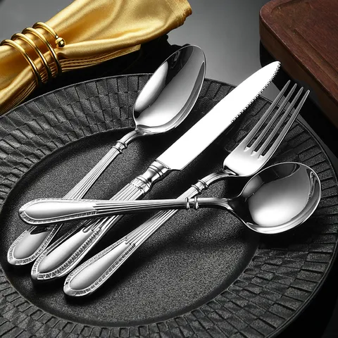 Couteau à Steak Fourchette Cuillère en Acier Inoxydable 304 Français Poignée Gaufrée Vintage Vaisselle Occidentale