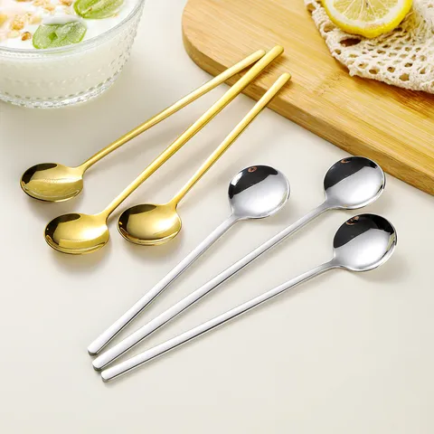 Long Handle Stainless Steel Spoon Gold Silver Coffee Spoon Dessert Stirring Spoon Mirror Polished Kitchen Tableware
