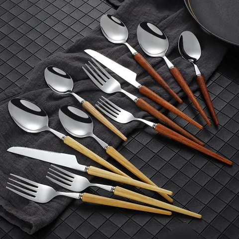 Japanese 304 Stainless Steel Steak Knife Fork Spoon Cutlery Set Wooden Handle Western Tableware Kitchen Dining Tool