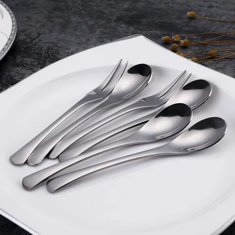 Stainless Steel Tea Spoon And Tea Fork Set Mini Dessert Fruit Fork Coffee Spoon Mirror Polished Kitchen Tableware