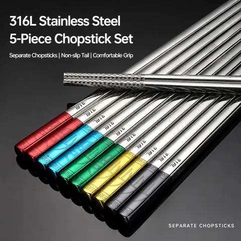 316 Stainless Steel Chopsticks Home Anti-slip Square Five Blessings Chopsticks Set Laser Engraved Metal Tableware