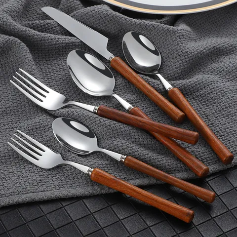 Japanese Style 304 Stainless Steel Cutlery Set With Wooden Handle Dinner Knife Fork Spoon Kitchen Tableware