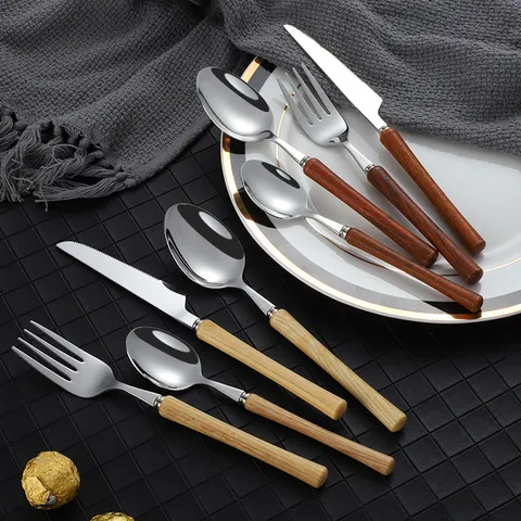 Japanese Style 304 Stainless Steel Cutlery Set With Wooden Handle Dinner Knife Fork Spoon Kitchen Tableware