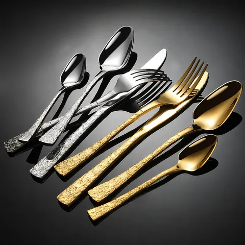 Vajilla Occidental de Acero Inoxidable con Textura de Corteza Cuchillo Tenedor Cuchara Dorado Plateado Cubiertos de Lujo