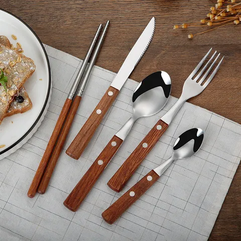 Japans Stijl Roestvrij Staal Bestek Houten Handvat Servies Mes Vork Lepel Eetstokjes Keuken