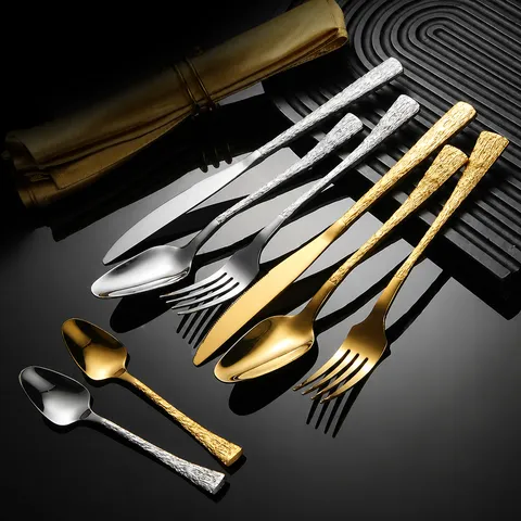 Vajilla Occidental de Acero Inoxidable con Textura de Corteza Cuchillo Tenedor Cuchara Dorado Plateado Cubiertos de Lujo