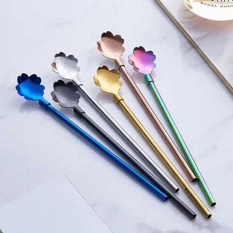 Creative Stainless Steel Straw Spoon Cherry Blossom Long Handle Stirring Spoon Metal Straw For Milk Tea Drinks