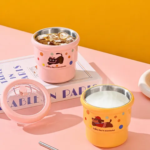 304 Stainless Steel Vacuum Flask Portable Cute Cartoon Dog Cat Ins Insulated Coffee Cup With Straw Tumbler