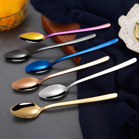 Stainless Steel Fruit Puree Spoon Dual Purpose Baby Food Scraper Spoon With Serrated Edge Kitchen Tableware