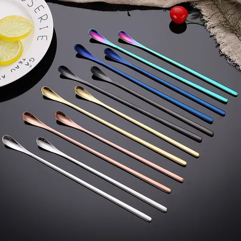 Stainless Steel Long Handle Mixing Spoon Ice Spoon Thickened Dessert Coffee Spoon Bar Beverage Spoon