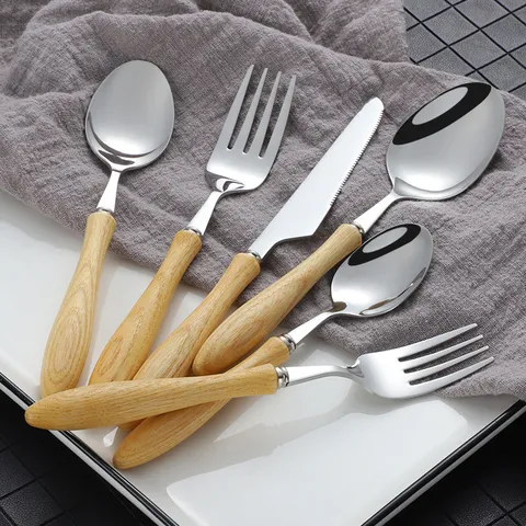 Japanese Style Wooden Handle Cutlery Stainless Steel Dinner Fork Spoon Knife Dessert Fork Tea Spoon Tableware