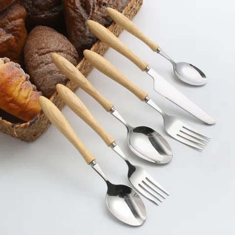 Japanese Style Wooden Handle Cutlery Stainless Steel Dinner Fork Spoon Knife Dessert Fork Tea Spoon Tableware