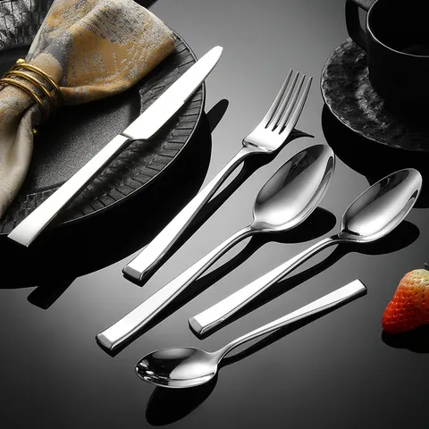 Forged 304 Stainless Steel Western Tableware Square Handle Dinner Knife Fork Spoon Hotel Restaurant Flatware Set