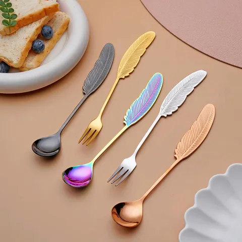 Stainless Steel Feather Handle Coffee Spoon And Fruit Fork Dessert Tableware Kitchen Dining Tool