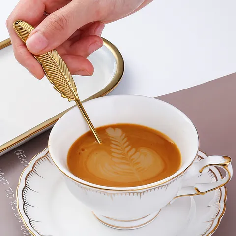 Stainless Steel Feather Handle Coffee Spoon And Fruit Fork Dessert Tableware Kitchen Dining Tool