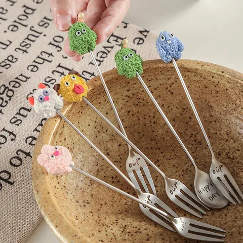 Cartoon Stainless Steel Stirring Spoon Fruit Fork Cute Funny Monster Doll Handle Coffee Dessert Tableware