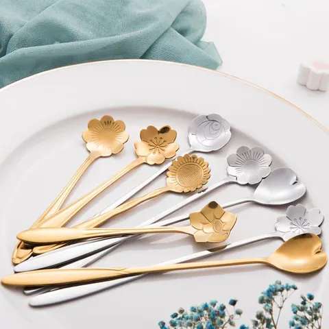 Creative Stainless Steel Flower Spoon Gold Silver Cherry Blossom Coffee Spoon Dessert Stirring Spoon