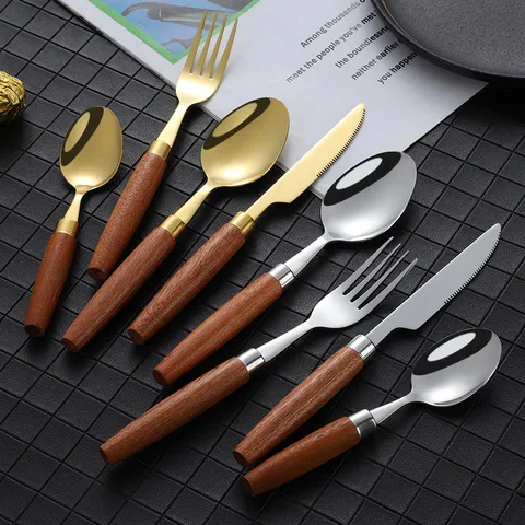 Sapele Wood Handle 304 Stainless Steel Dinner Knife Fork Spoon Teaspoon Western Tableware Kitchen Cutlery Set