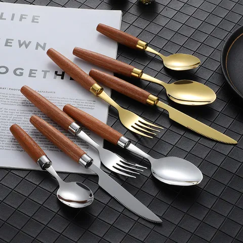 Sapele Wood Handle 304 Stainless Steel Dinner Knife Fork Spoon Teaspoon Western Tableware Kitchen Cutlery Set