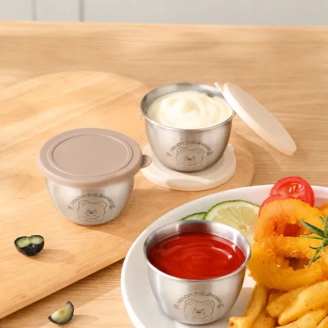 304 Stainless Steel Sauce Dish Seasoning Cup With Silicone Lid Cartoon Bear Ketchup Salad Bowl Kitchen Tableware
