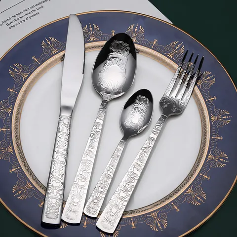 Stainless Steel Western Tableware Set Retro Relief Totem Handle Steak Knife Fork Spoon Kitchen Dining Flatware