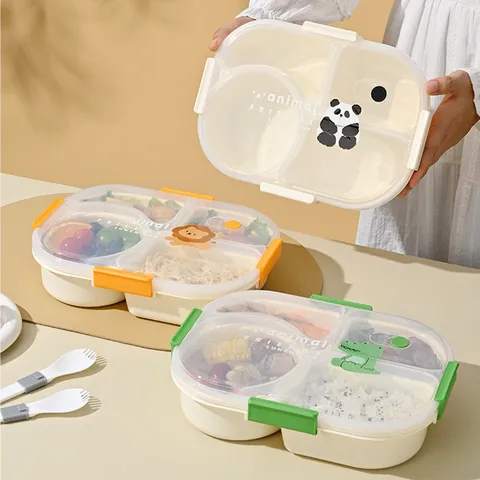 Portable Plastic Lunch Box Compartments Microwave Safe Bento Box Cute Cartoon Animal Food Container For Adults Kids