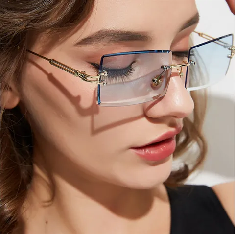 Mode Lunettes de Soleil Carrées Sans Monture Femmes Hommes Verres Dégradés Tendance Cadre Métal Lunettes Chics Fête