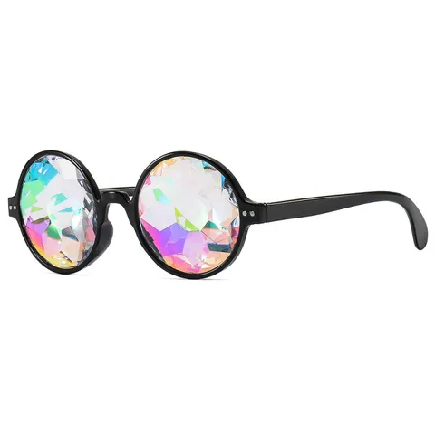 Kaleidoscoop Festival Feestbril met Regenboog Prisma Kristallen Lenzen en Ronde Monturen Rave Muziekfestival Zonnebril