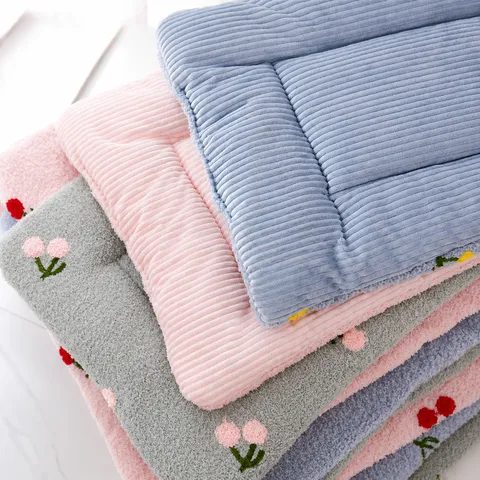 Soft Cloud Velvet Pet Mat Cute Fruit Embroidery Dog Cat Bed Warm Thickened Square Round Pet Sleeping Mat