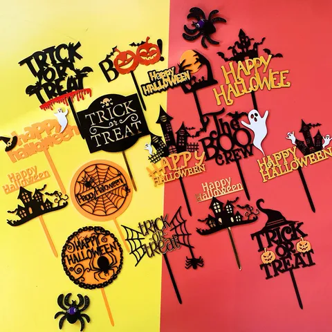 Acrylic Halloween Cake Topper Ghost Pumpkin Castle Bat Spider Web Trick Or Treat Festive Spooky Party Dessert Decoration Supplies