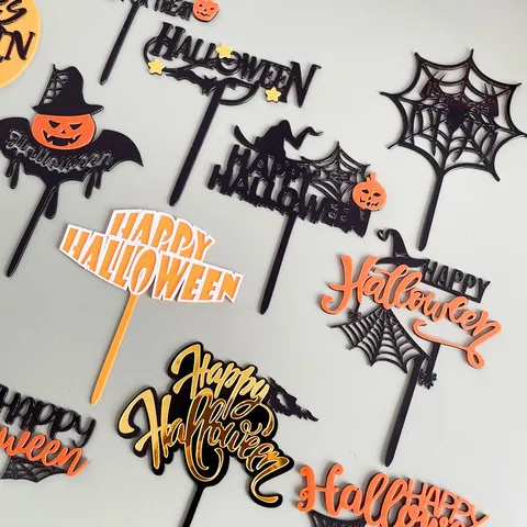 Adornos para Tarta de Halloween de Acrílico Doble Capa Letras Happy Halloween Telaraña Calabaza Sombrero de Bruja Decoración