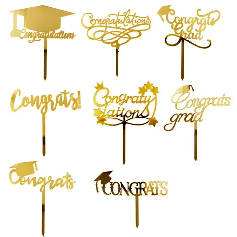 Acrylic Graduation Cake Topper Gold Congrats Grad Hollow Out Mirror Design Cake Decoration For Party Celebration Baking Ornament