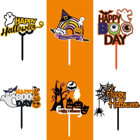Acrylic Halloween Cake Toppers Happy Halloween Party Decorations Spooky Ghost Pumpkin Bat Spider Web Cake Insert Decor For Party