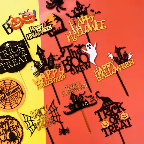 Acrylic Halloween Cake Topper Ghost Pumpkin Castle Bat Spider Web Trick Or Treat Festive Spooky Party Dessert Decoration Supplies