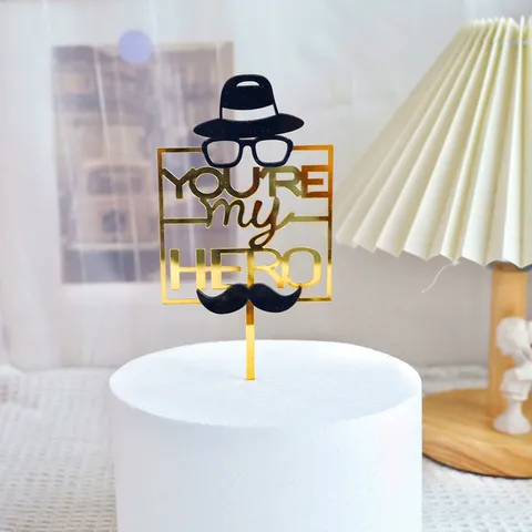Acrylic Father's Day Cake Topper Mirror Gold Black Best Dad Ever Hero Cake Decoration Party Supplies For Father Birthday