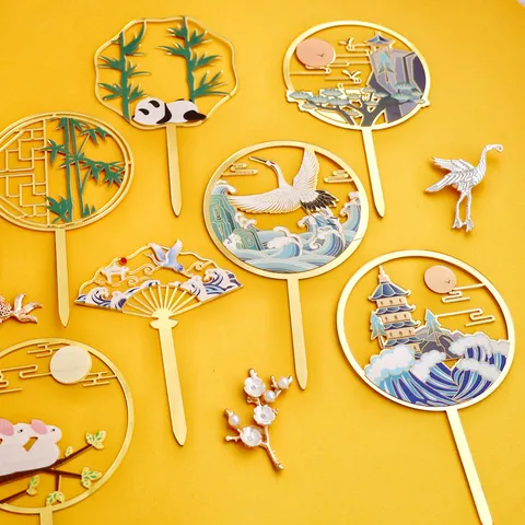 Decoración de Pasteles de Acrílico del Festival del Medio Otoño Estilo Chino Borde Dorado Impresión a Color Conejo Panda Grulla