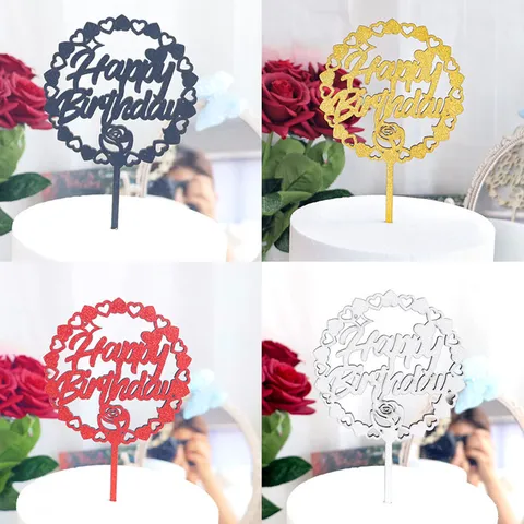 Cake Topper Paillettes en Bois Cœur Rose Joyeux Anniversaire Insert de Gâteau Décorations de Fête de Table de Dessert